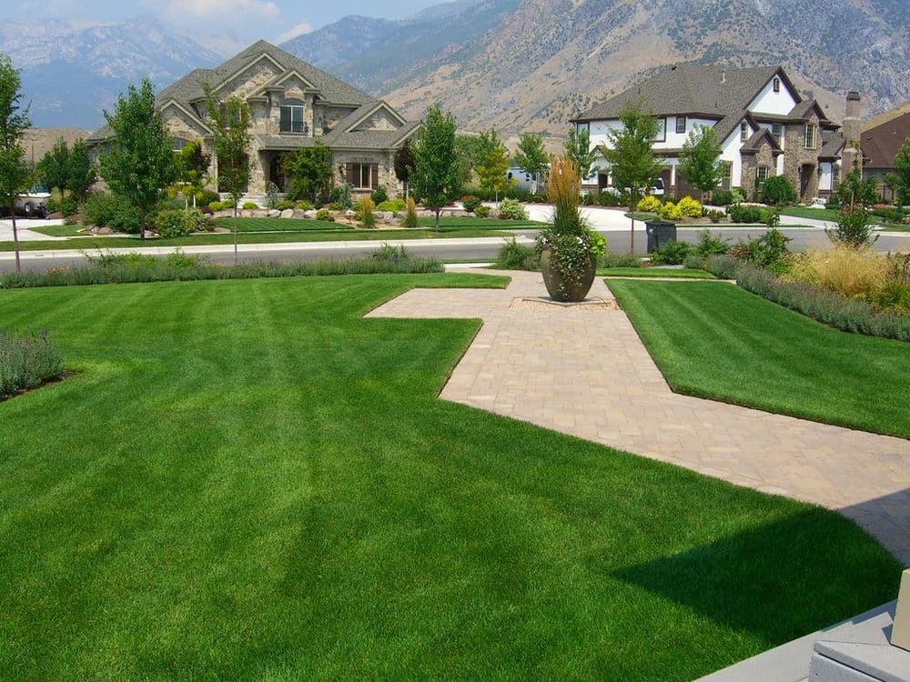 Beautiful suburban landscape featuring well-maintained lawns and elegant homes with mountains in the background.