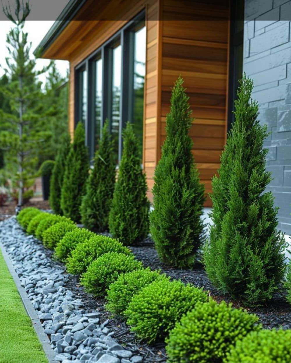Lush green shrubs and tall evergreens along a modern home's wooden exterior.