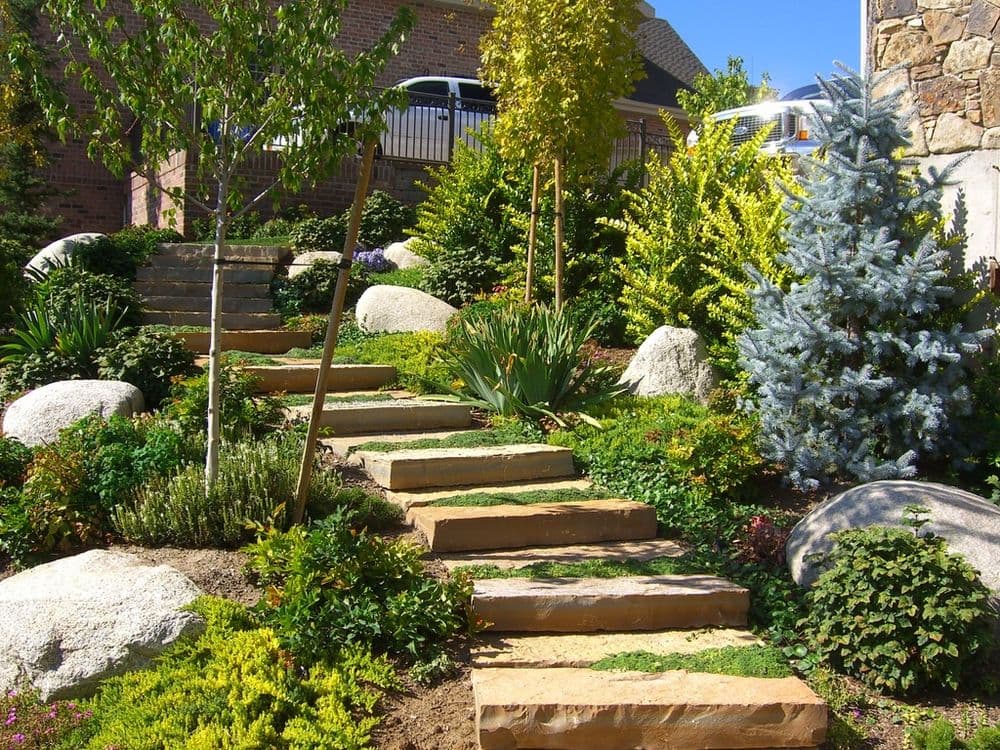 Lush garden walkway with stone steps, vibrant plants, and trees in a residential area.